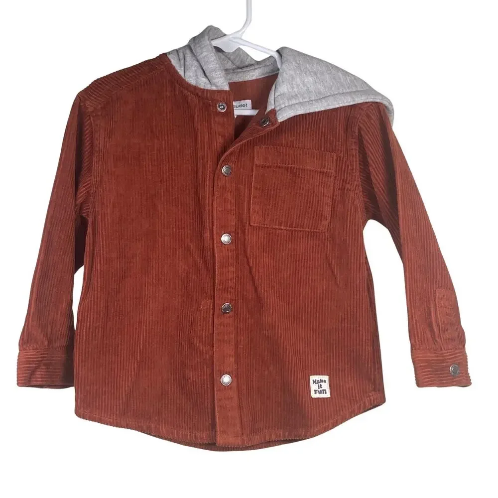 Vertbaudet Jacket Toddler Boys Size 3Y Corduroy Hooded Snap Brown NWT